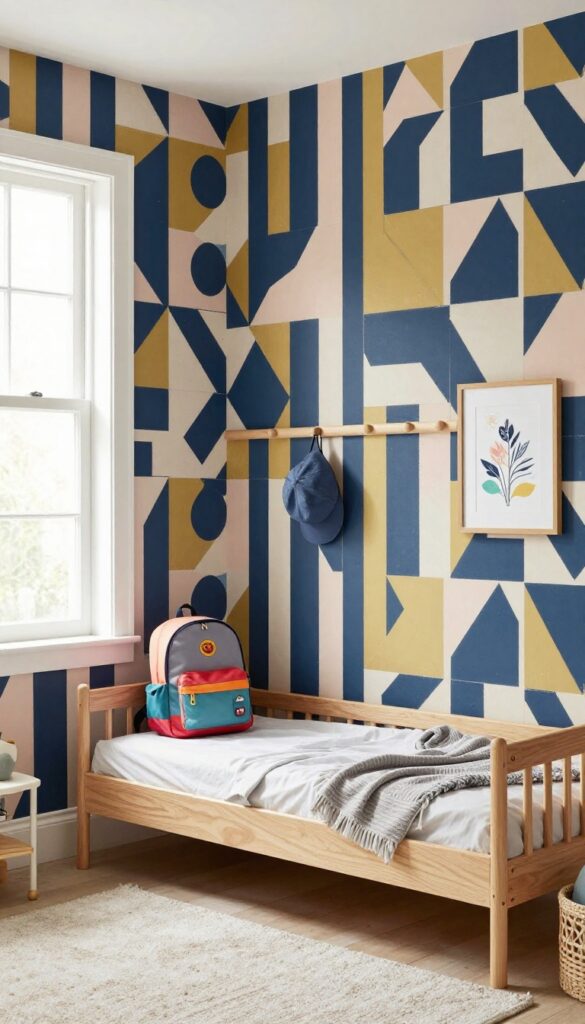Kids bedroom with geometric pattern wallpaper and wooden peg rail displaying backpack, hat, and artwork.