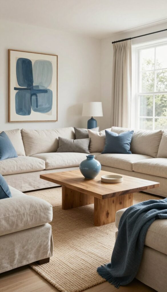 Living room with cohesive color palette of white, taupe, and muted blue, featuring linen sofa, throw pillows, ceramic vase, and abstract art.