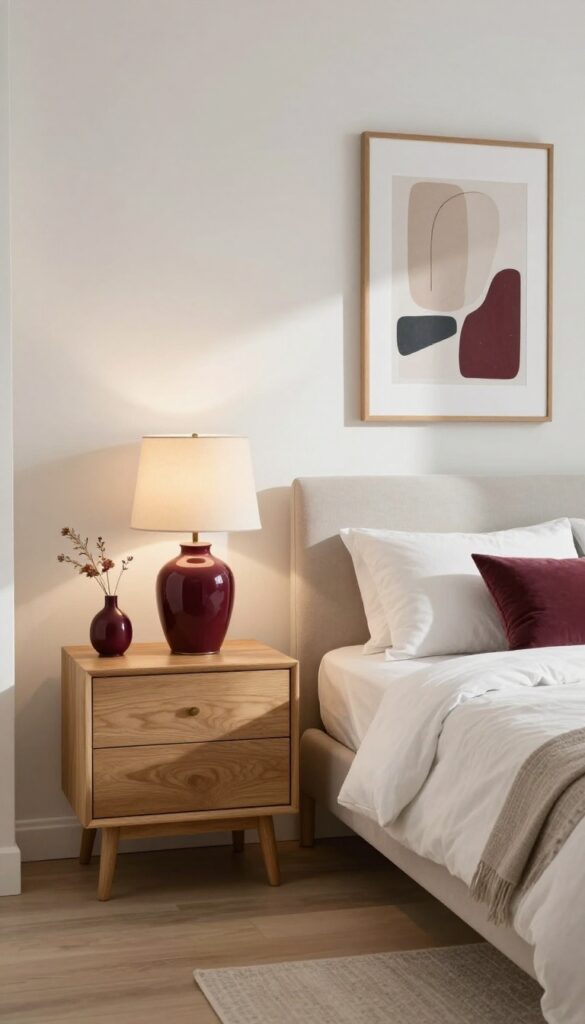 Neutral bedroom with burgundy lamp, vase, and artwork for subtle red accents.