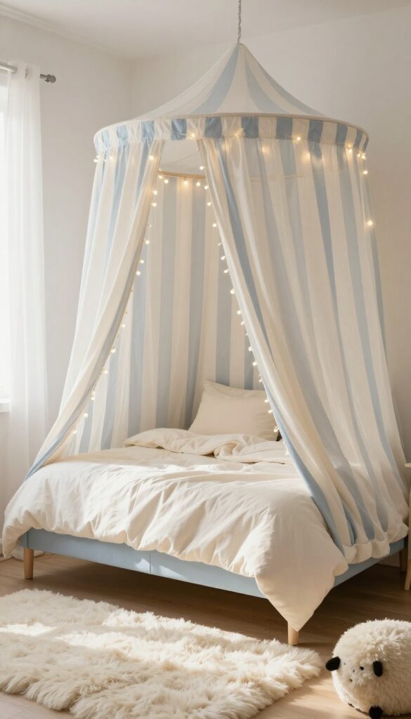 Blue striped canopy bed with soft lighting in a calm coastal girl's bedroom