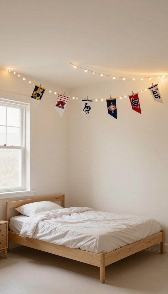 Boy's bedroom with string lights and sports pennants draped from ceiling