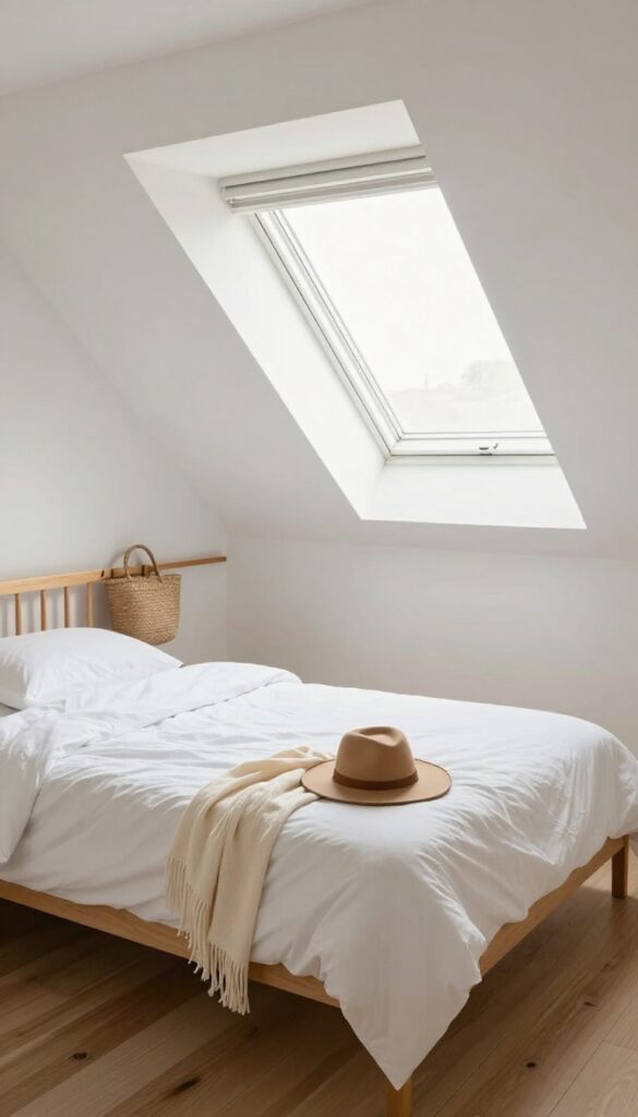 Attic bedroom with sloped ceiling and hanging storage on a peg rail, featuring a woven basket, scarf, and hat.