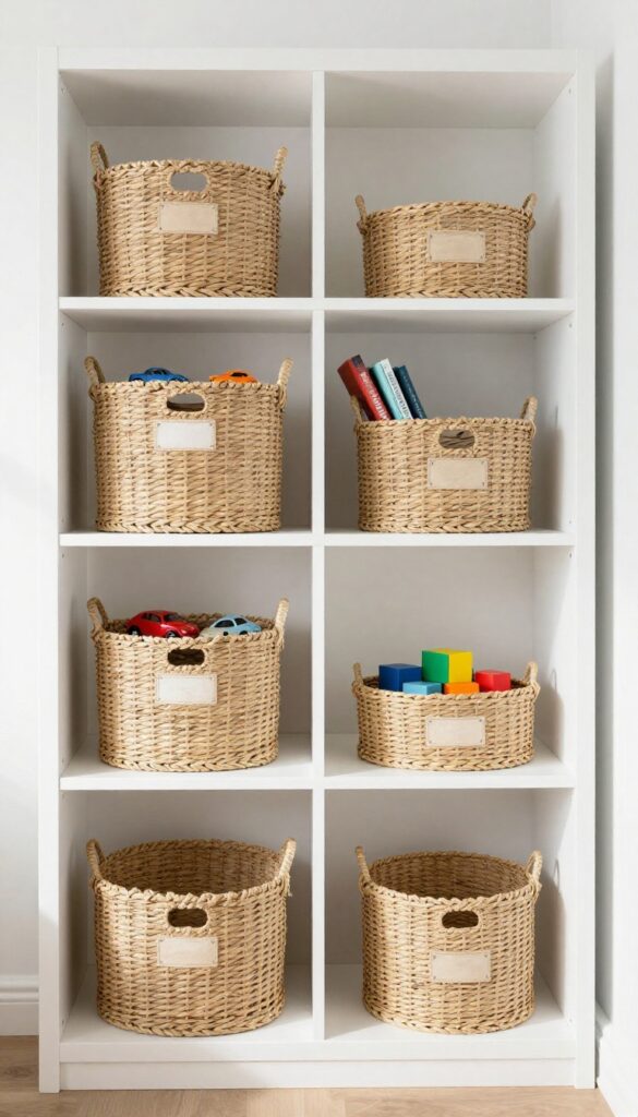 Boys shared bedroom with open shelving and labeled woven baskets for toy storage.