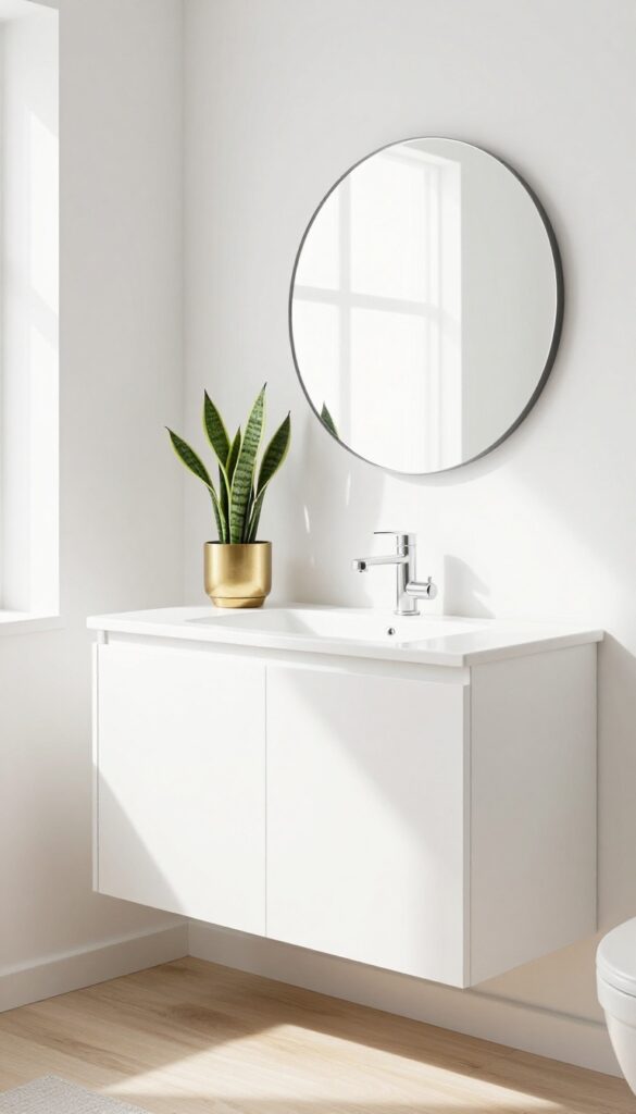 Small powder room with a snake plant in a brass pot on a white floating vanity