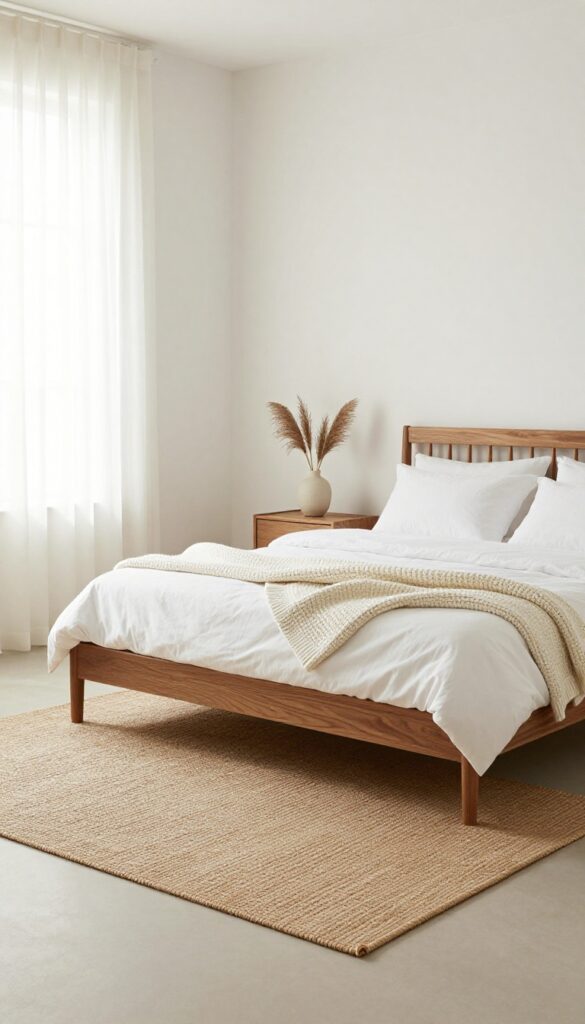 Neutral guest room with warm wood accents, jute rug, and soft natural light.