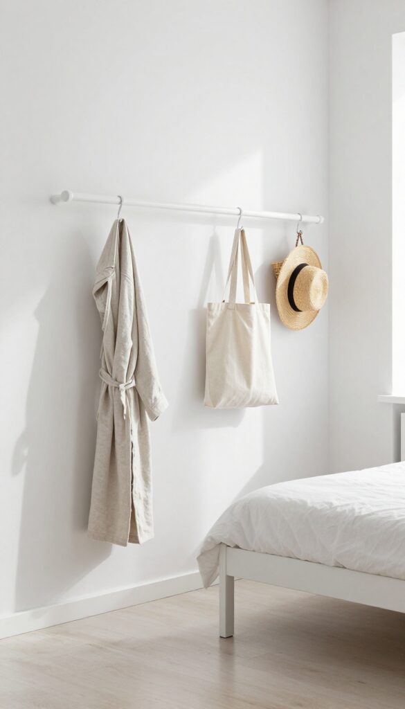 White peg rail in a minimal white bedroom holding a robe, bag, hat, and basket
