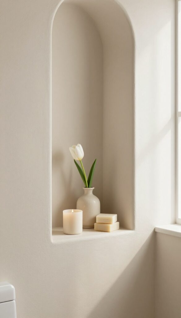 Small luxury guest toilet with a recessed niche displaying a vase, candle, and soaps