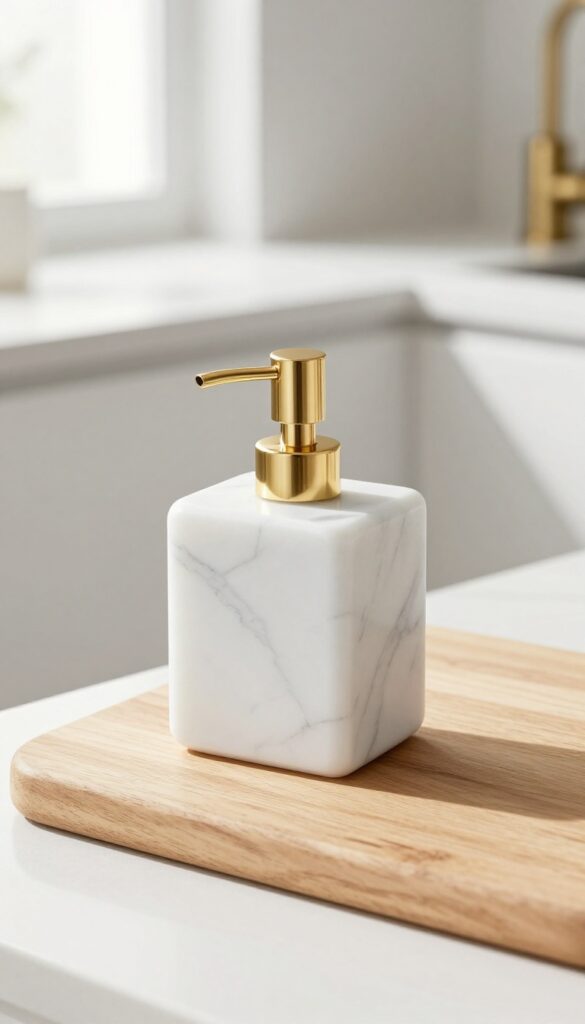 White marble soap dispenser with gold pump on wooden cutting board in bright kitchen