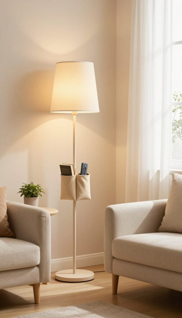 Corner floor lamp with storage pockets in a bright bedroom, holding a book and remote, with a plant beside it.