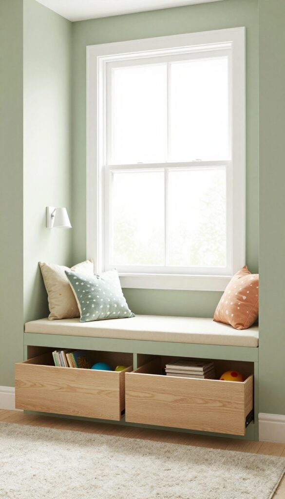A cozy window seat with storage drawers in a kids' bedroom, featuring a cream cushion and colorful pillows, with soft natural light and a clean, minimalist design.