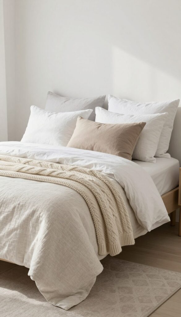 Girls bedroom with layered linen bedding, chunky knitted throw, and quilted coverlet in neutral tones