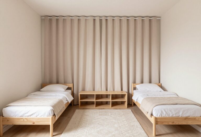 Two kids bedroom with curtain divider and shared storage bench