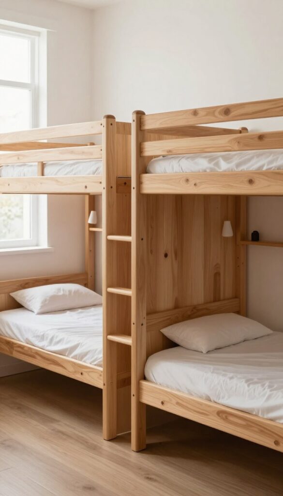 Small shared kids bedroom with bunk beds and a built-in room divider
