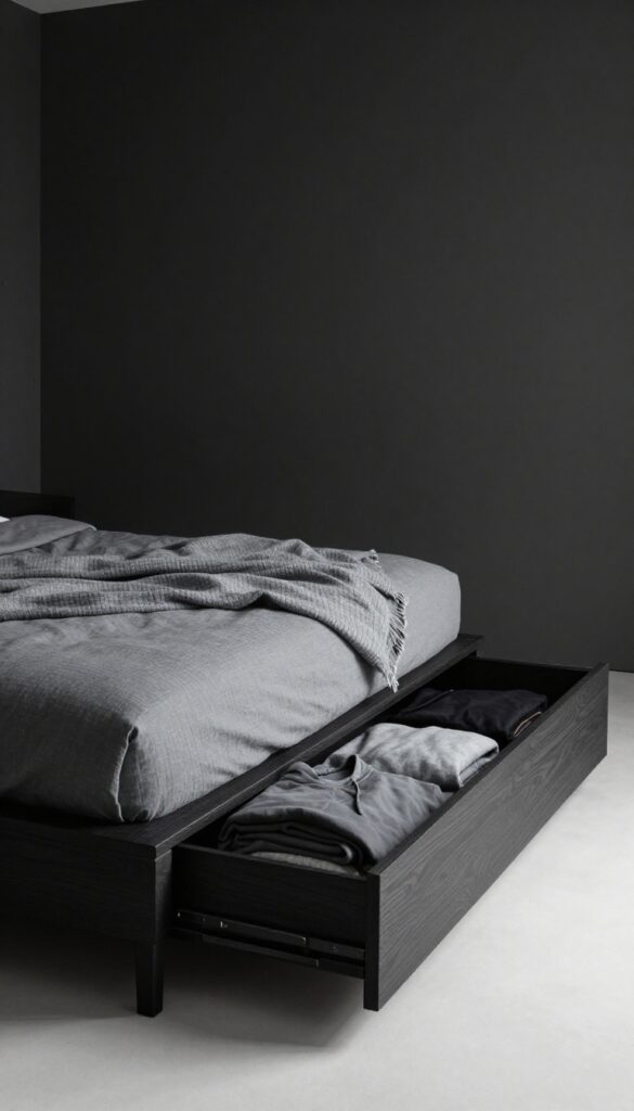 Small bedroom with platform bed featuring built-in drawers, dark wood finish, textured throw, and natural light.