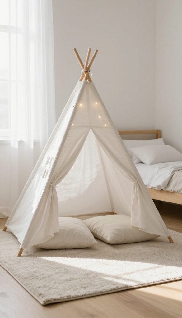 Cozy corner tent with fairy lights and cushions in a bright kids' bedroom