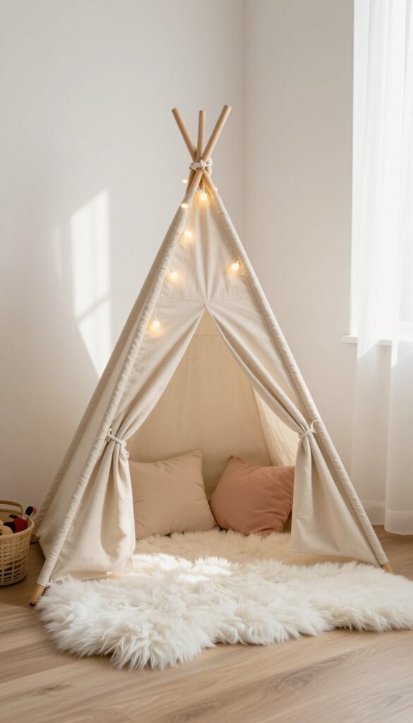 Cozy tent or teepee corner in a small kids bedroom with fairy lights and plush pillows