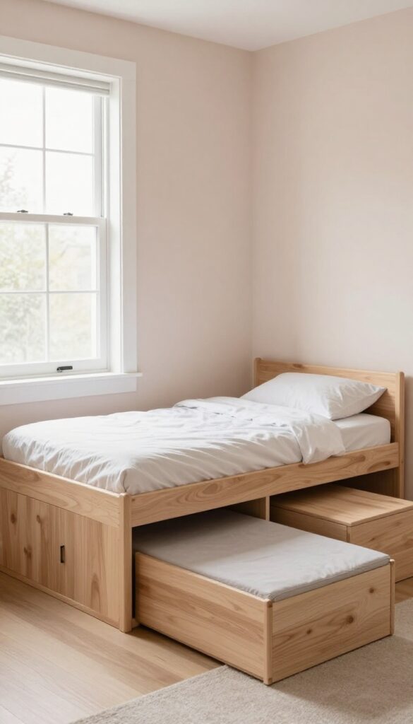 Kids' bedroom with multi-functional furniture including a bed with storage drawers, a storage ottoman, and a bench with hidden storage, warm wood tones, and natural light.