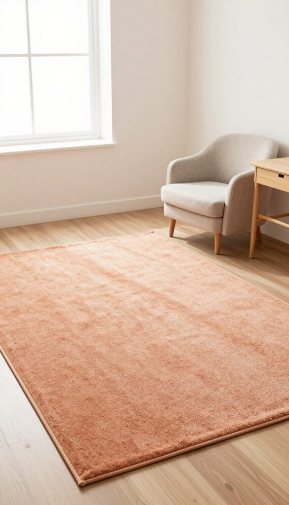 Small double bedroom with a terracotta rug defining the sleeping zone, desk and chair in the background.
