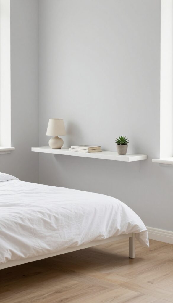 Minimalist bedroom with floating shelf as nightstand, holding lamp, book, and small plant.