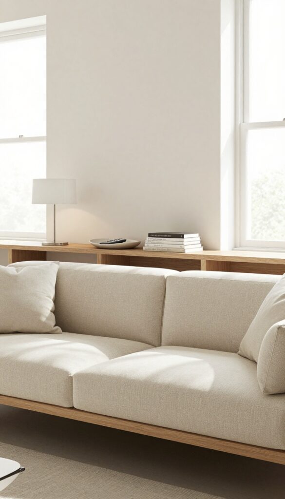Low shelf behind sofa with lamp, tray, and books in bright living room
