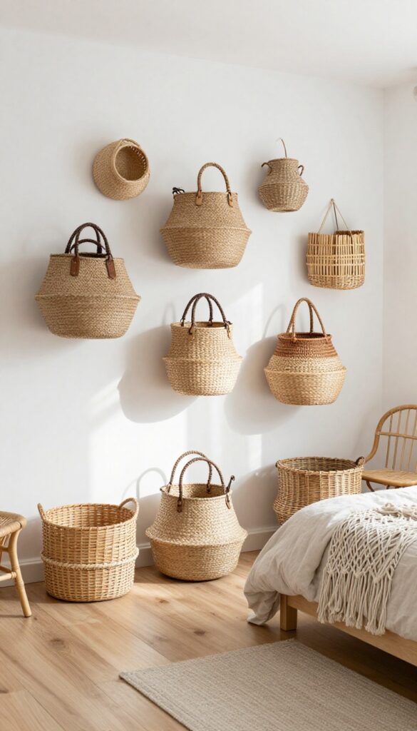 Boho girls bedroom with a wall display of woven baskets in natural fibers, adding warmth and texture.
