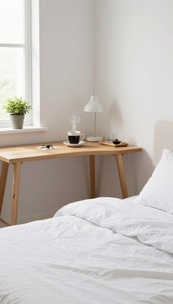 Corner desk beside king bed in small bedroom, doubling as nightstand with coffee mug, lamp, and tray