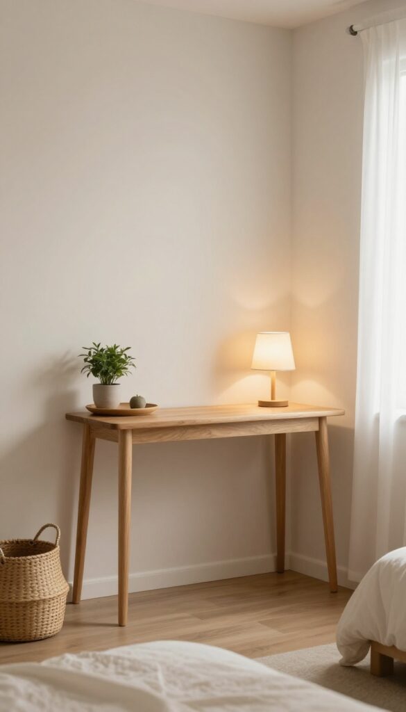 Slim console table in small bedroom with lamp, plant, and basket, warm wood tones, soft natural light