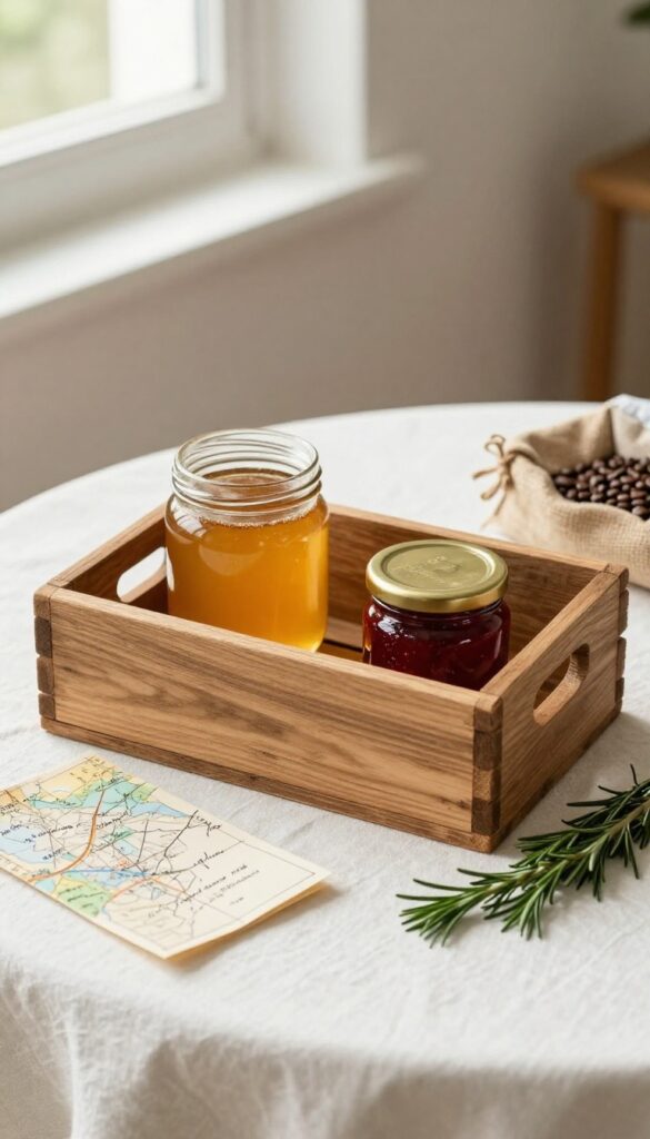 Local Flavor Sampler welcome basket with honey, jam, coffee, and a map in a wooden crate.