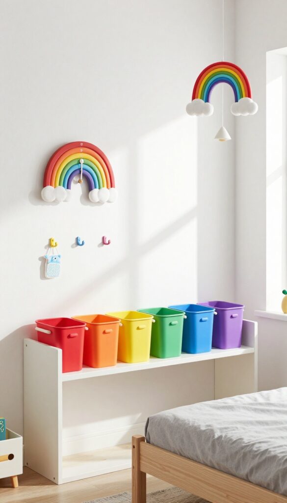Rainbow accessories in a bright children's bedroom including storage bins, clock, hooks, and mobile.