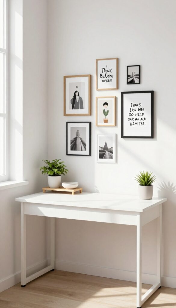 Gallery wall above a teen desk with framed art, photos, and a small shelf with plant and dish.