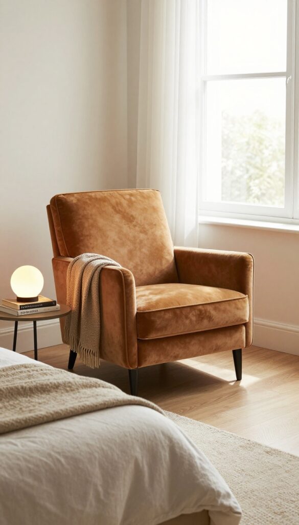 Cozy small bedroom with a velvet armchair seating nook by a window, layered with books, lamp, and throw blanket.