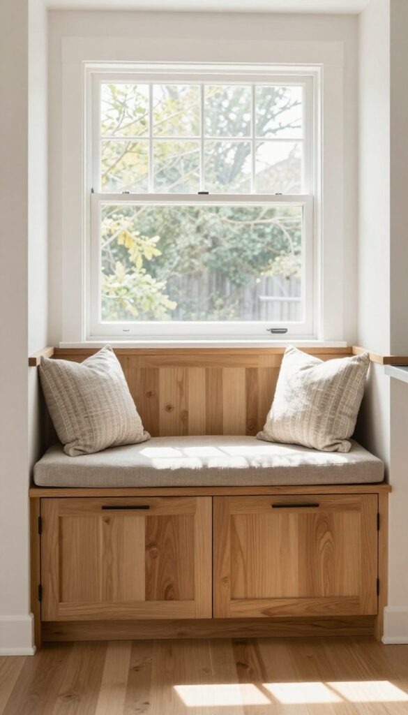 Farm kitchen with built-in window bench featuring cushion and pillows, storage underneath, sunny atmosphere.