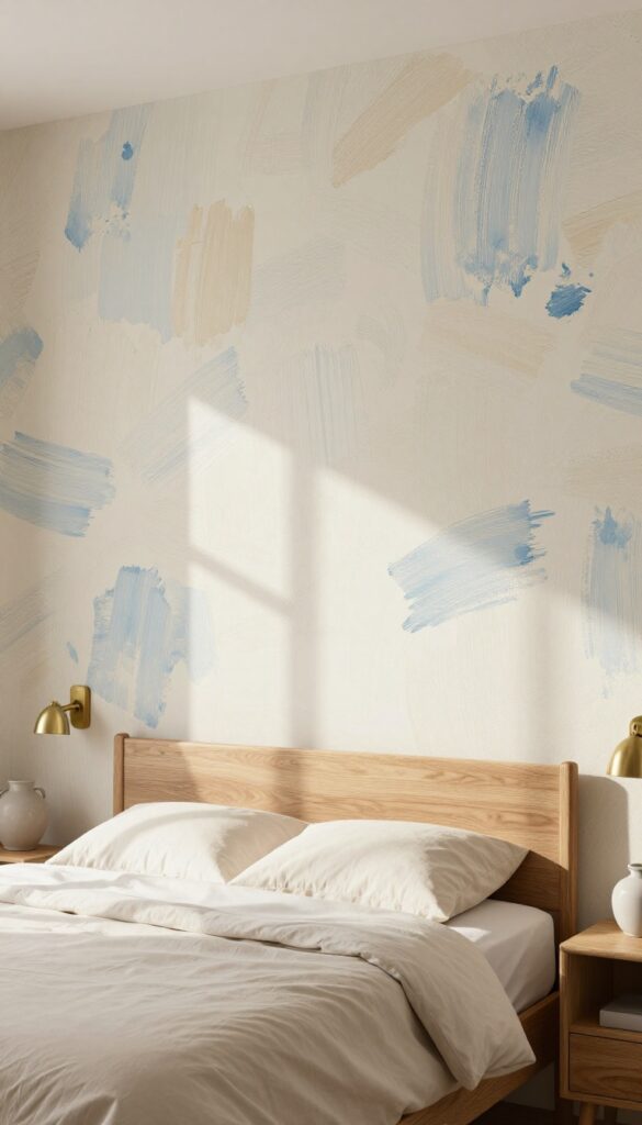 A bedroom with a brushstroke wallpaper feature wall in warm neutrals and soft blues, a wooden bed frame, cream linens, brass sconces, and ceramic accents.