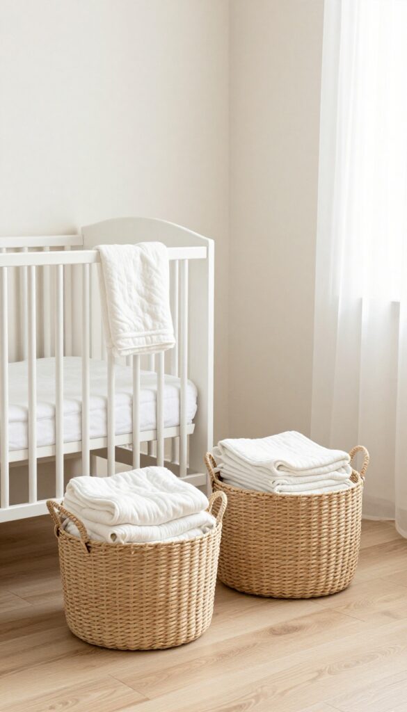 Under-crib storage baskets filled with extra linens in a bright baby boy bedroom