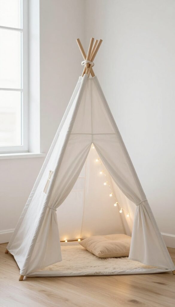 Cozy teepee tent with fairy lights in a toddler girl's bedroom corner
