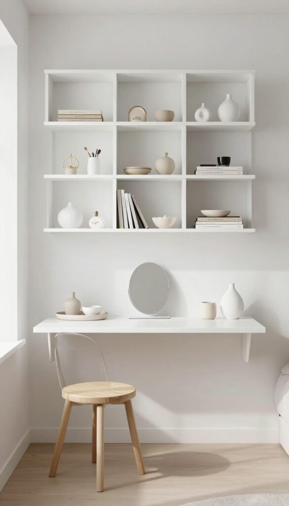 Floor-to-ceiling white shelving with a slim floating desk in a small bedroom corner, styled with makeup, jewelry, and neutral decor, bathed in natural light.