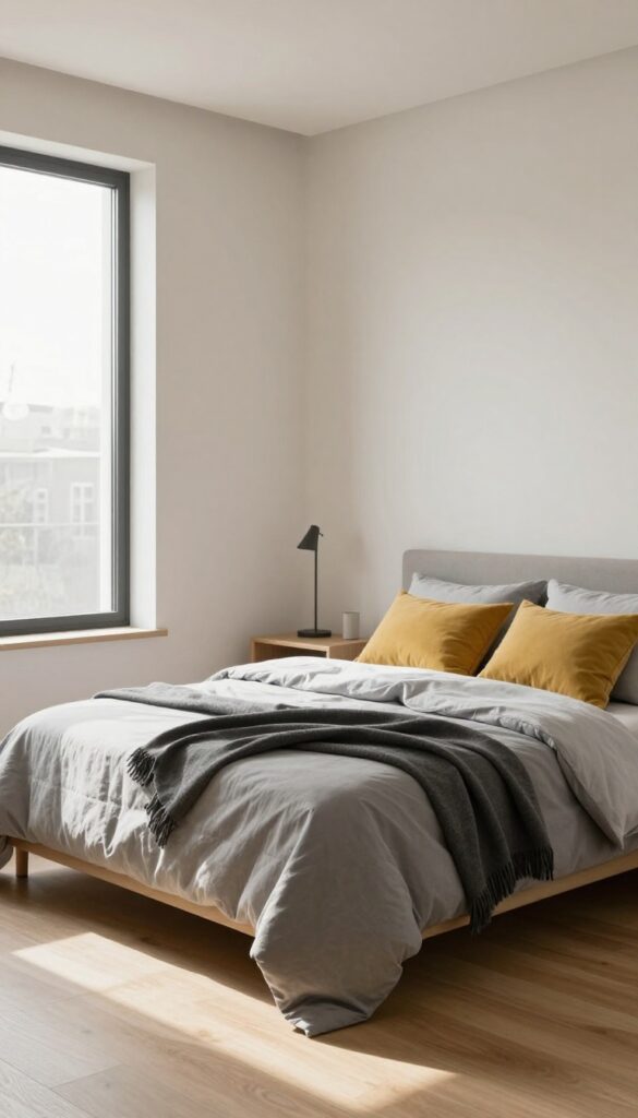 Modern bedroom with layered grey bedding, charcoal throw, and mustard yellow pillows, natural light, minimalist decor