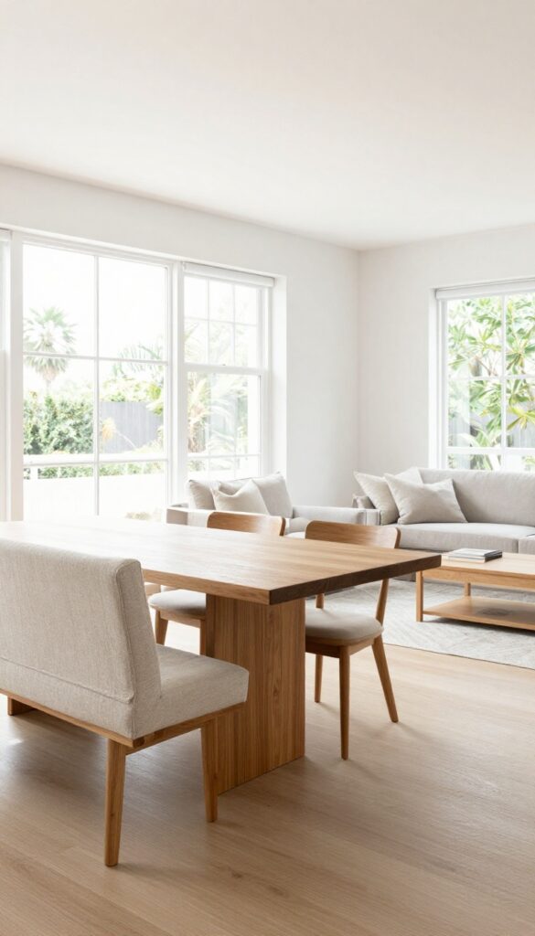 Open-concept living and dining room with a dining table and a bench on one side, creating a clean, airy look.