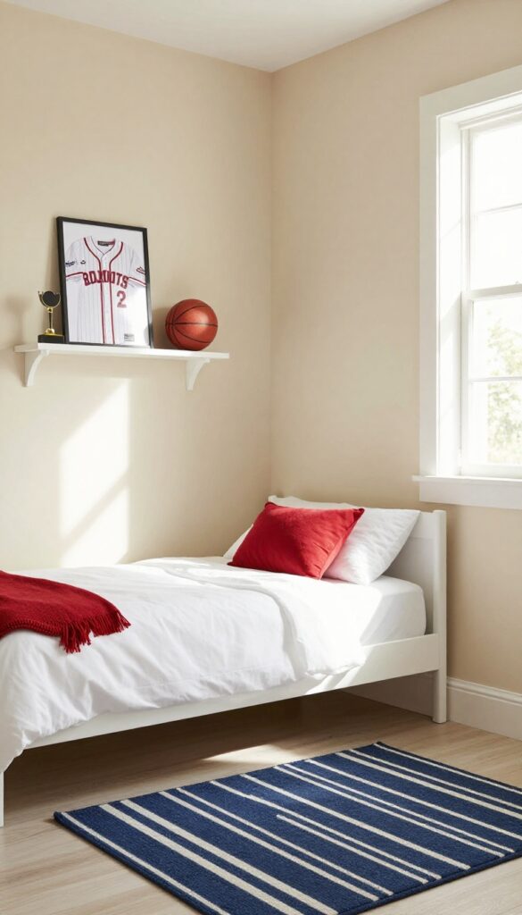 Neutral bedroom with beige walls, white bedding, navy rug, red pillow, and a shelf with sports memorabilia.