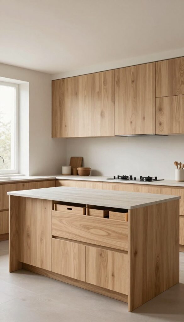 A kitchen island with butcher block top, deep drawers, and pull-out storage bins in a bright, airy kitchen.