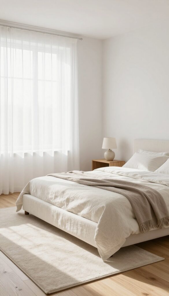 Minimalist bedroom with neutral tones, white walls, light oak floors, cream bedding, and soft natural light.