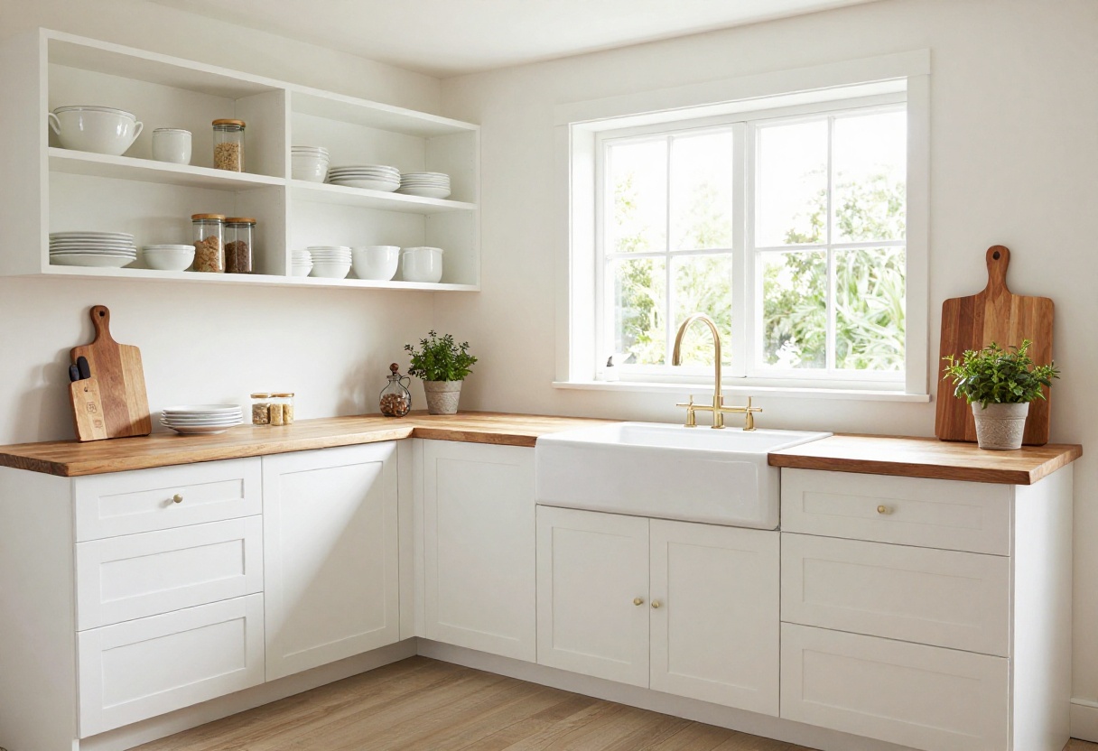 Modern farm kitchen with white cabinets, open shelving, butcher block counter, and apron-front sink