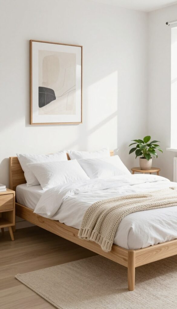 Low-profile bed frame in a small bedroom with light wood, white bedding, and a tall headboard art piece, creating a spacious and cozy feel.