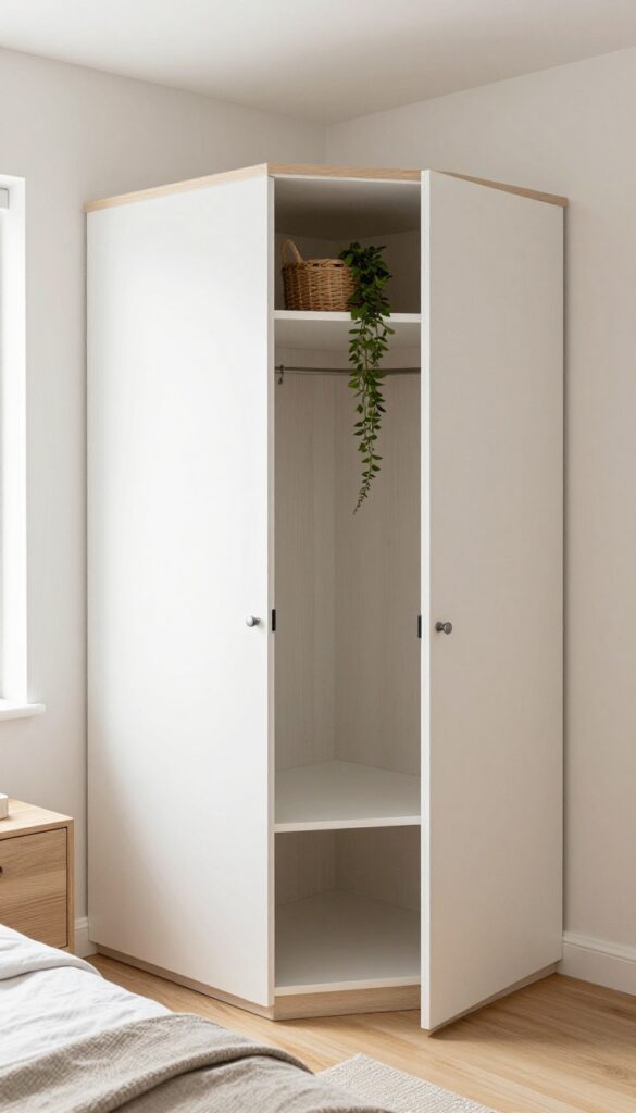 Small bedroom with corner wardrobe featuring angled sliding doors in light wood, smart rails inside, and a plant on top.