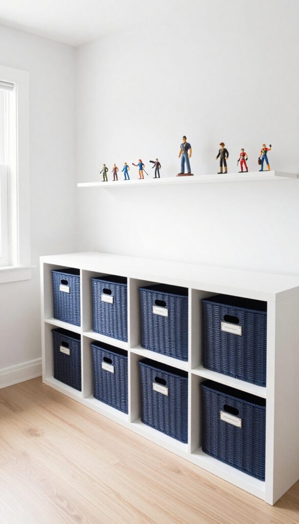 Twin boys bedroom with shared storage wall featuring individual bins in navy and charcoal, labeled bins, floating shelf with action figures, modern and uncluttered design.