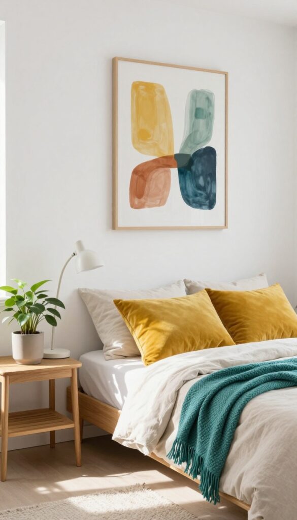 A neutral-toned room with a Murphy bed, mustard and teal accents, and an abstract print, bathed in natural light.
