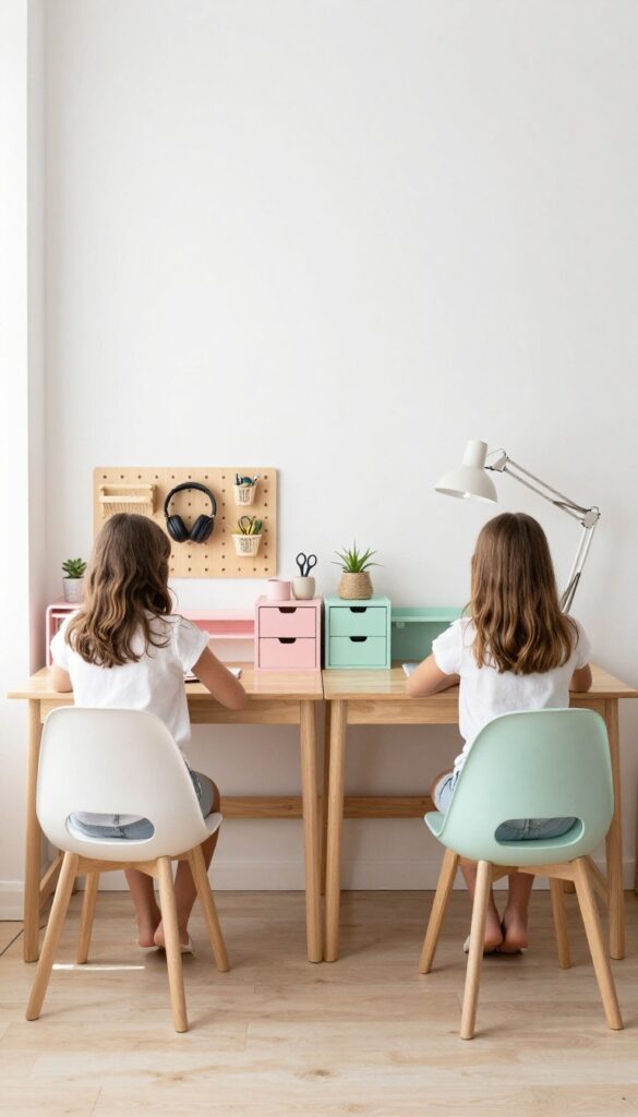 Two girls sharing a long desk with personal storage bins in pink and mint green, a desk divider, and a pegboard above.