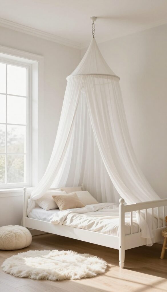 Kids bedroom with white canopy over bed and a teepee in the corner, soft pastel decor, bright natural light.