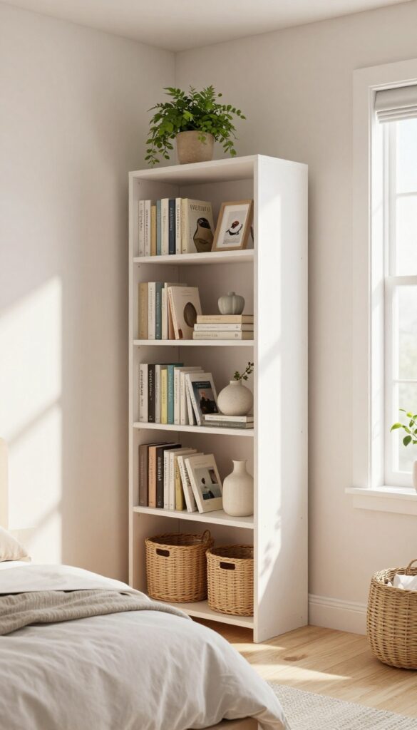 A tall narrow bookshelf in a small bedroom corner, filled with books and decor, with natural light and a clean, airy feel.