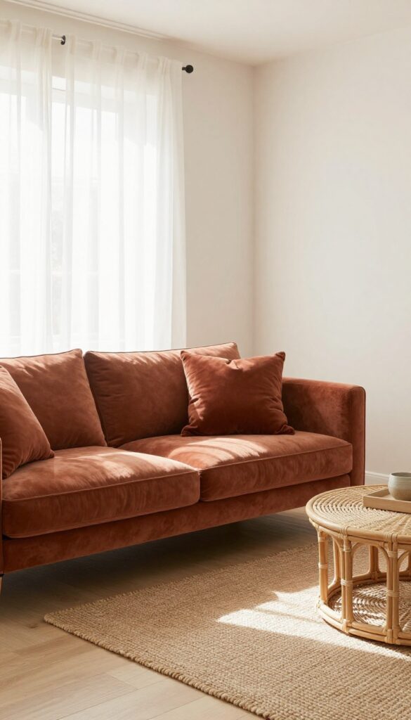 Small boho living room with clay velvet sofa, ivory walls, light wood floor, jute rug, and rattan coffee table in natural light.